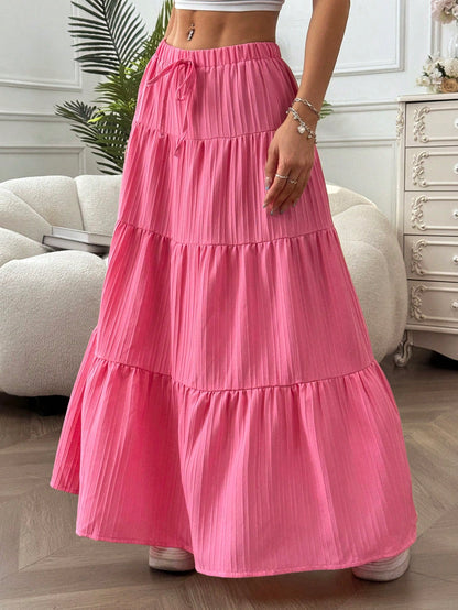 EZwear Women Solid Color High Waist Tie Ruffled Hem Maxi Skirt