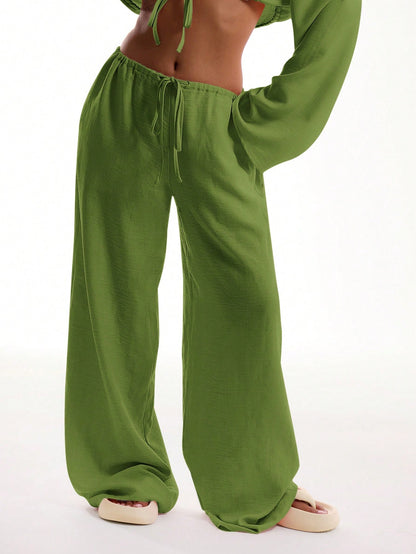 MUSERA Tie Front Linen Feel Beach Trousers Elegant Summer Vacation Sun Casual Boho White Airport   Winter Party Pants