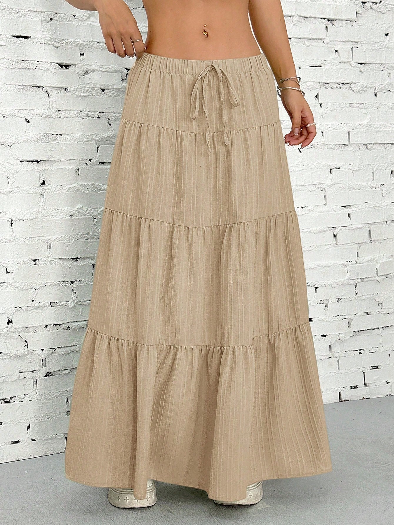 EZwear Women Solid Color High Waist Tie Ruffled Hem Maxi Skirt