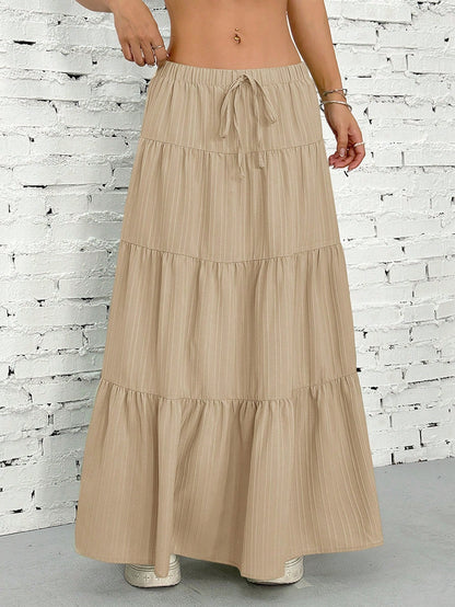 EZwear Women Solid Color High Waist Tie Ruffled Hem Maxi Skirt