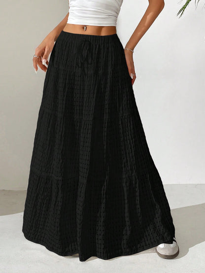 EZwear Women Solid Color High Waist Tie Ruffled Hem Maxi Skirt