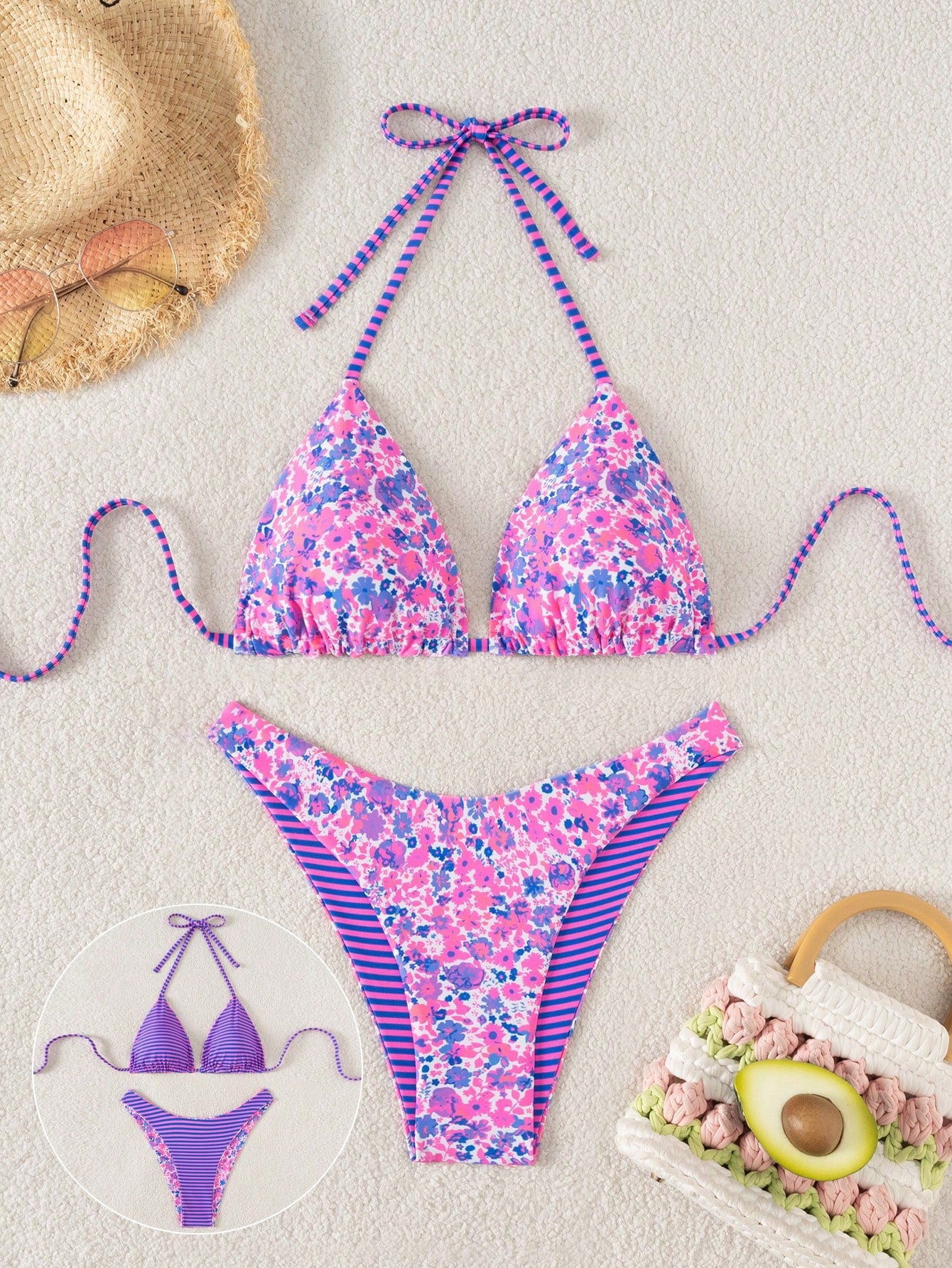 Swim Mod 2pcs/Set Women Cute Random Floral Print Reversible Halter Top And Adorable Bottoms Bikini Swimsuit Set, Holiday & Beach For Summer Beach Vacation