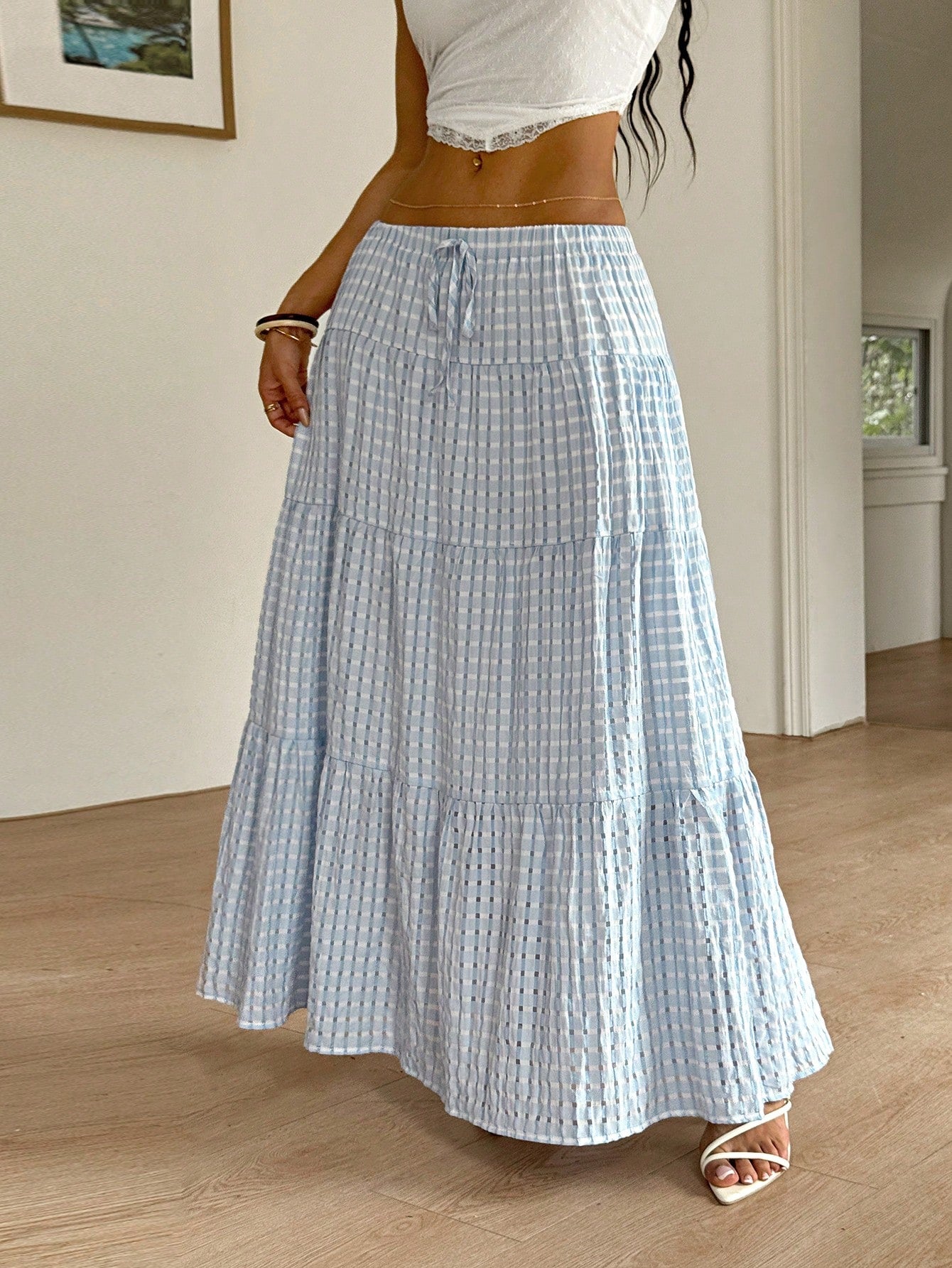 SHEIN EZwear Women Solid Color High Waist Tie Ruffled Hem Maxi Skirt