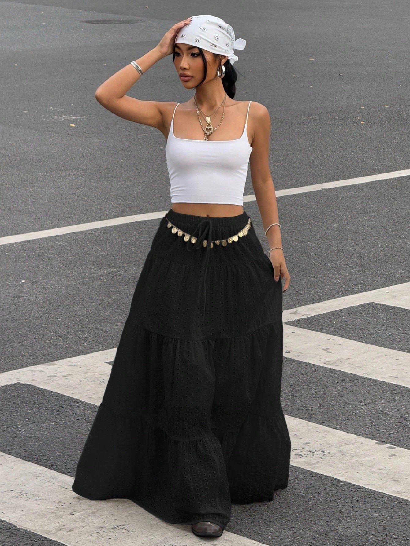 EZwear Women Solid Color High Waist Tie Ruffled Hem Maxi Skirt