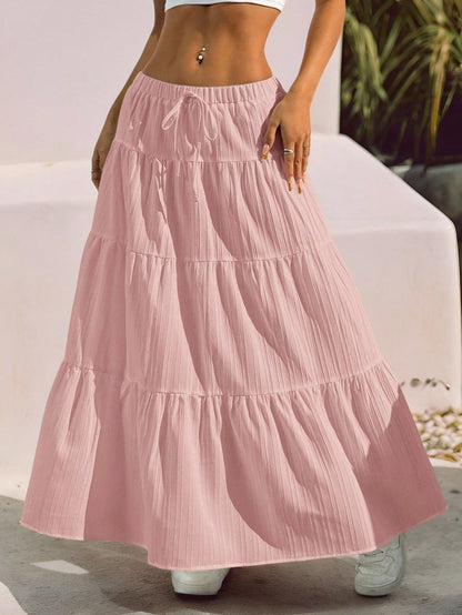 SHEIN EZwear Women Solid Color High Waist Tie Ruffled Hem Maxi Skirt