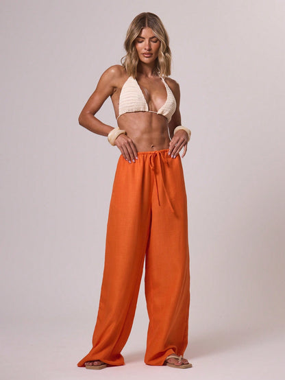 MUSERA Tie Front Linen Feel Beach Trousers Elegant Summer Vacation Sun Casual Boho White Airport   Winter Party Pants