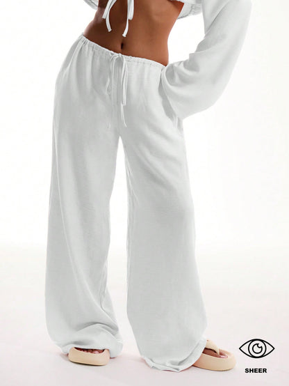 MUSERA Tie Front Linen Feel Beach Trousers Elegant Summer Vacation Sun Casual Boho White Airport   Winter Party Pants