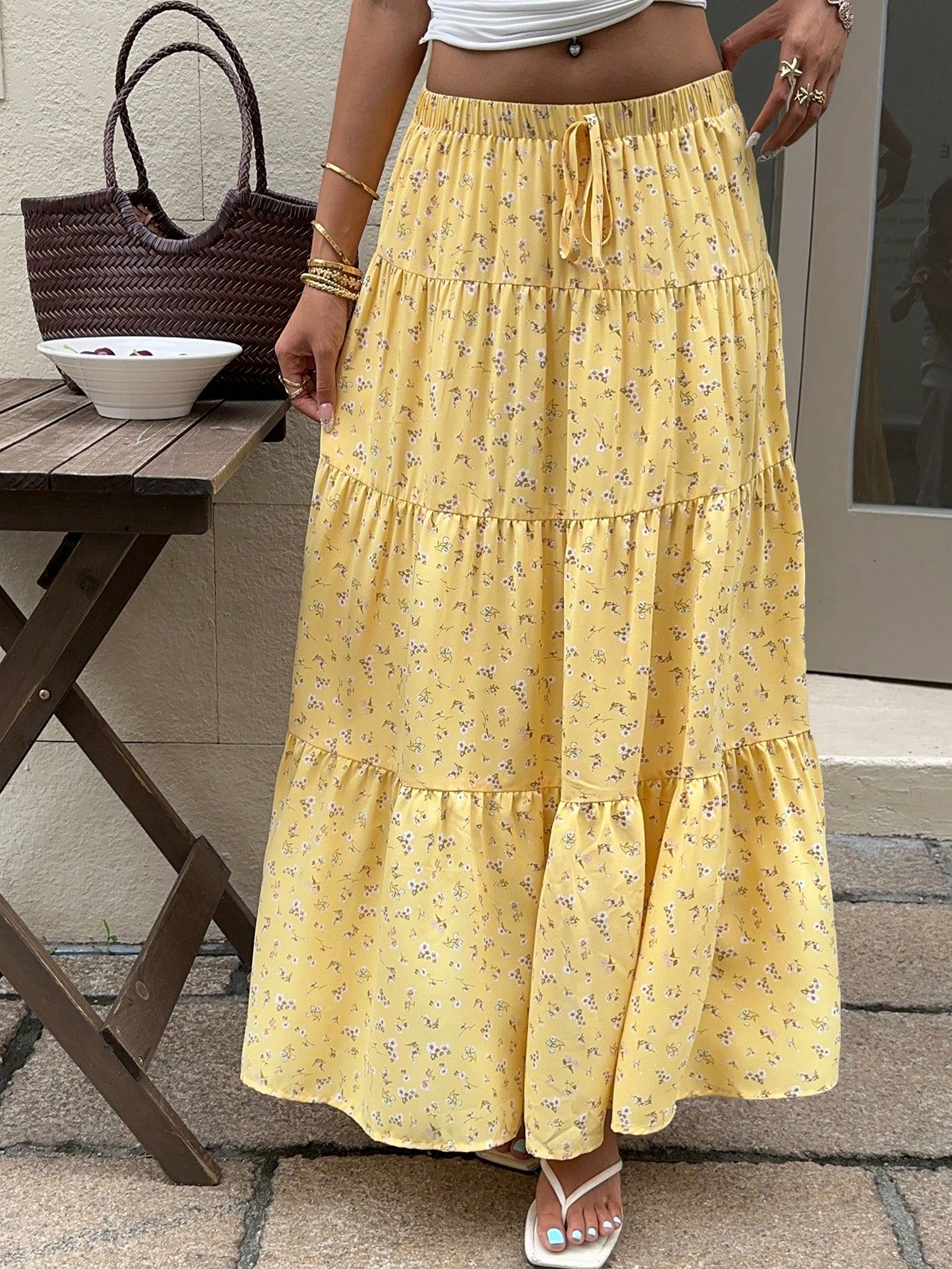 EZwear Women Solid Color High Waist Tie Ruffled Hem Maxi Skirt