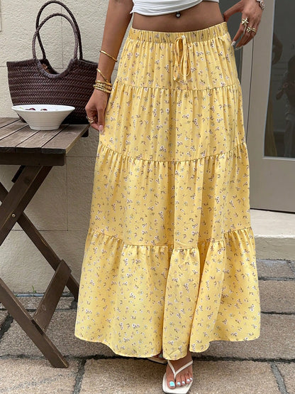 EZwear Women Solid Color High Waist Tie Ruffled Hem Maxi Skirt
