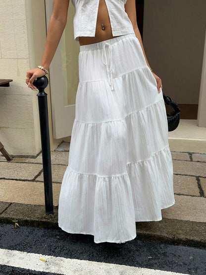 SHEIN EZwear Women Solid Color High Waist Tie Ruffled Hem Maxi Skirt