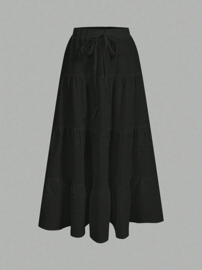 SHEIN EZwear Women Solid Color High Waist Tie Ruffled Hem Maxi Skirt
