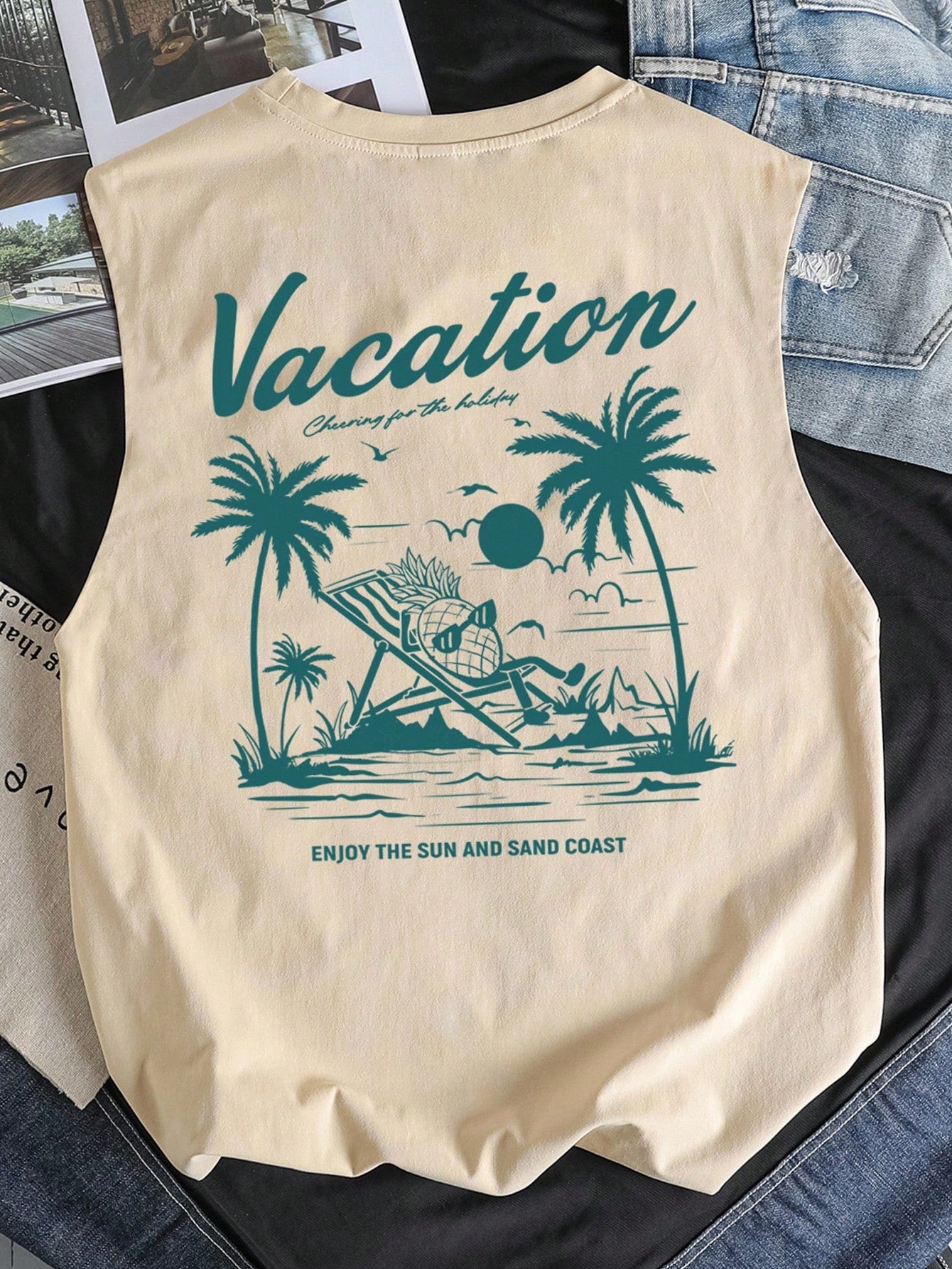 Manfinity Joysei Standard Size Men's Original Palm Tree & Pineapple Print Tank Top, Khaki Color, Summer Vibe, Suitable As Friend's Gift