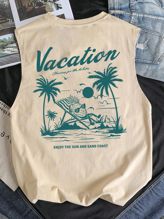 Manfinity Joysei Standard Size Men's Original Palm Tree & Pineapple Print Tank Top, Khaki Color, Summer Vibe, Suitable As Friend's Gift