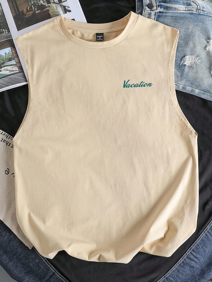 Manfinity Joysei Standard Size Men's Original Palm Tree & Pineapple Print Tank Top, Khaki Color, Summer Vibe, Suitable As Friend's Gift