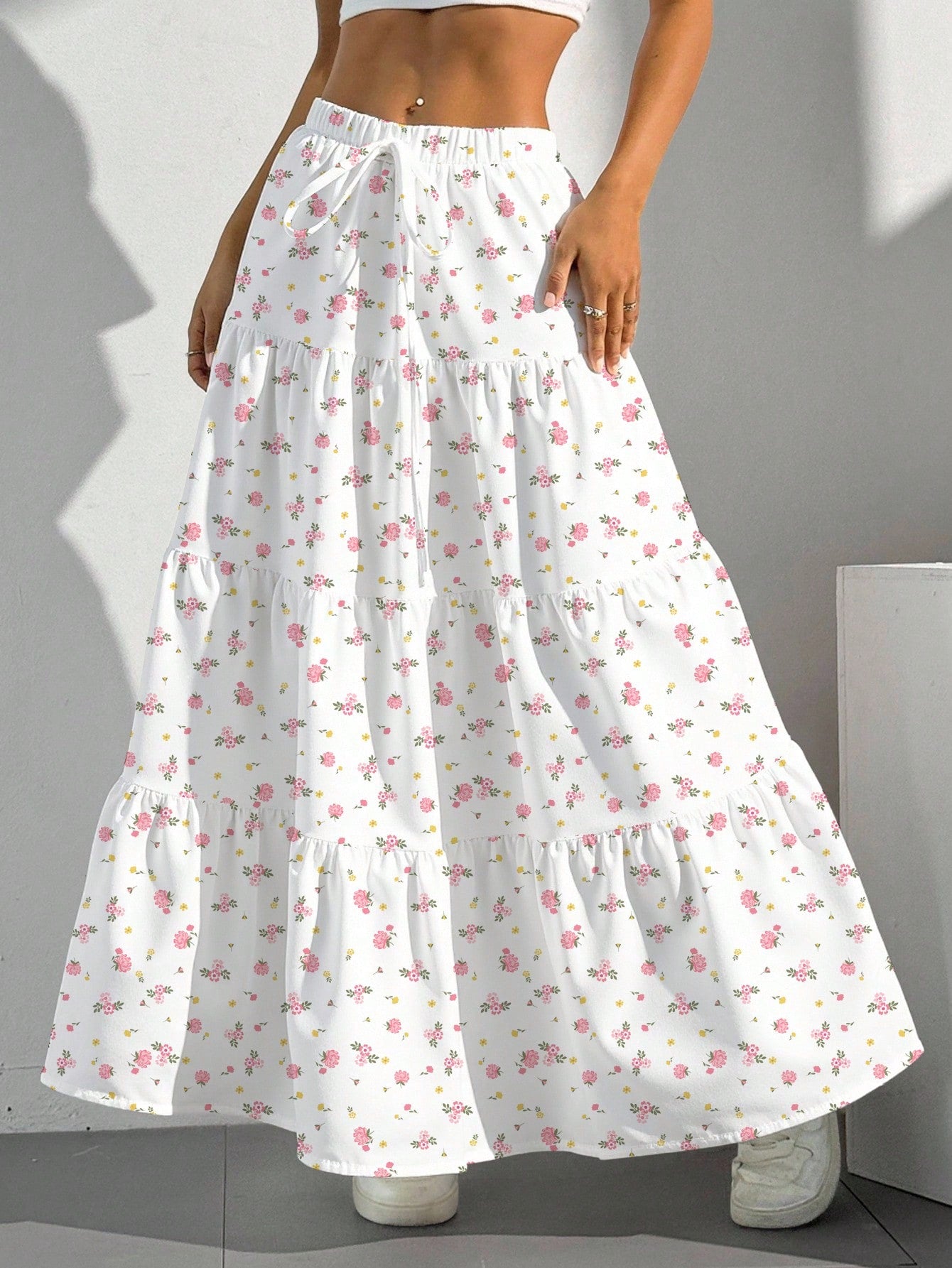 EZwear Women Solid Color High Waist Tie Ruffled Hem Maxi Skirt