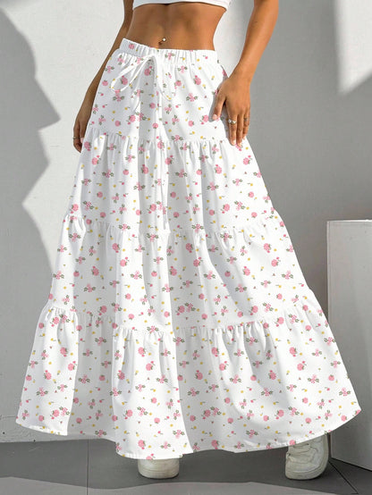 EZwear Women Solid Color High Waist Tie Ruffled Hem Maxi Skirt
