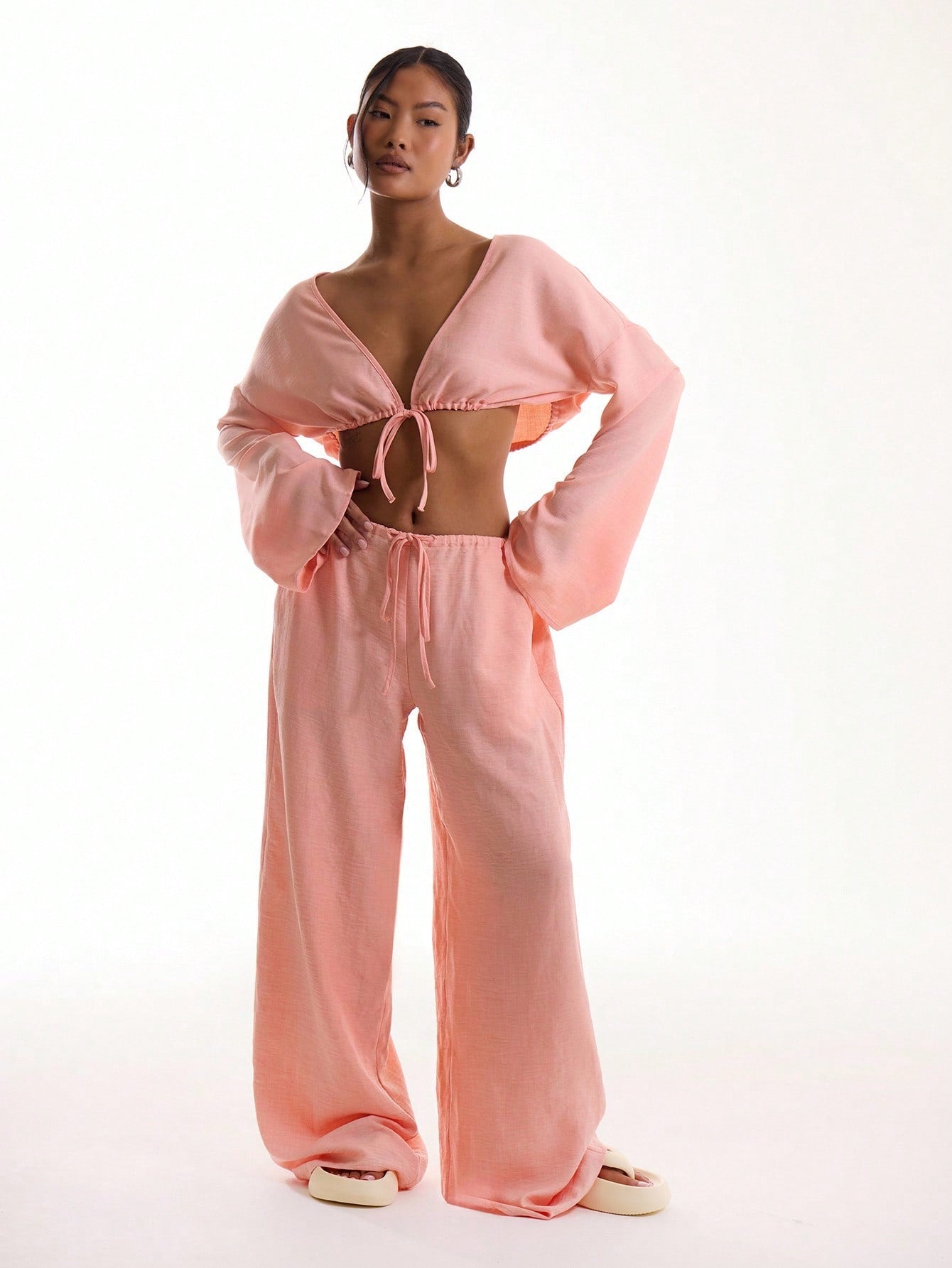 MUSERA Tie Front Linen Feel Beach Trousers Elegant Summer Vacation Sun Casual Boho White Airport   Winter Party Pants