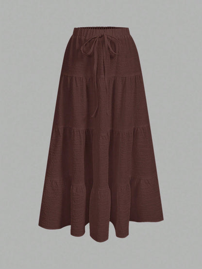 SHEIN EZwear Women Solid Color High Waist Tie Ruffled Hem Maxi Skirt