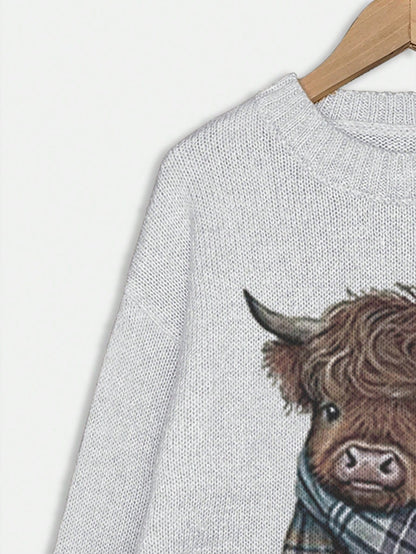 Women's Cartoon Cow Print Round Neck Sweater, Casual Long Sleeve Crew Neck Jumper For Fall & Winter, Fashion Women's Knitwear For Daily Wear, Tops