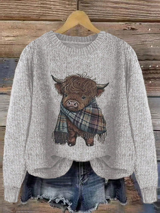 Women's Cartoon Cow Print Round Neck Sweater, Casual Long Sleeve Crew Neck Jumper For Fall & Winter, Fashion Women's Knitwear For Daily Wear, Tops