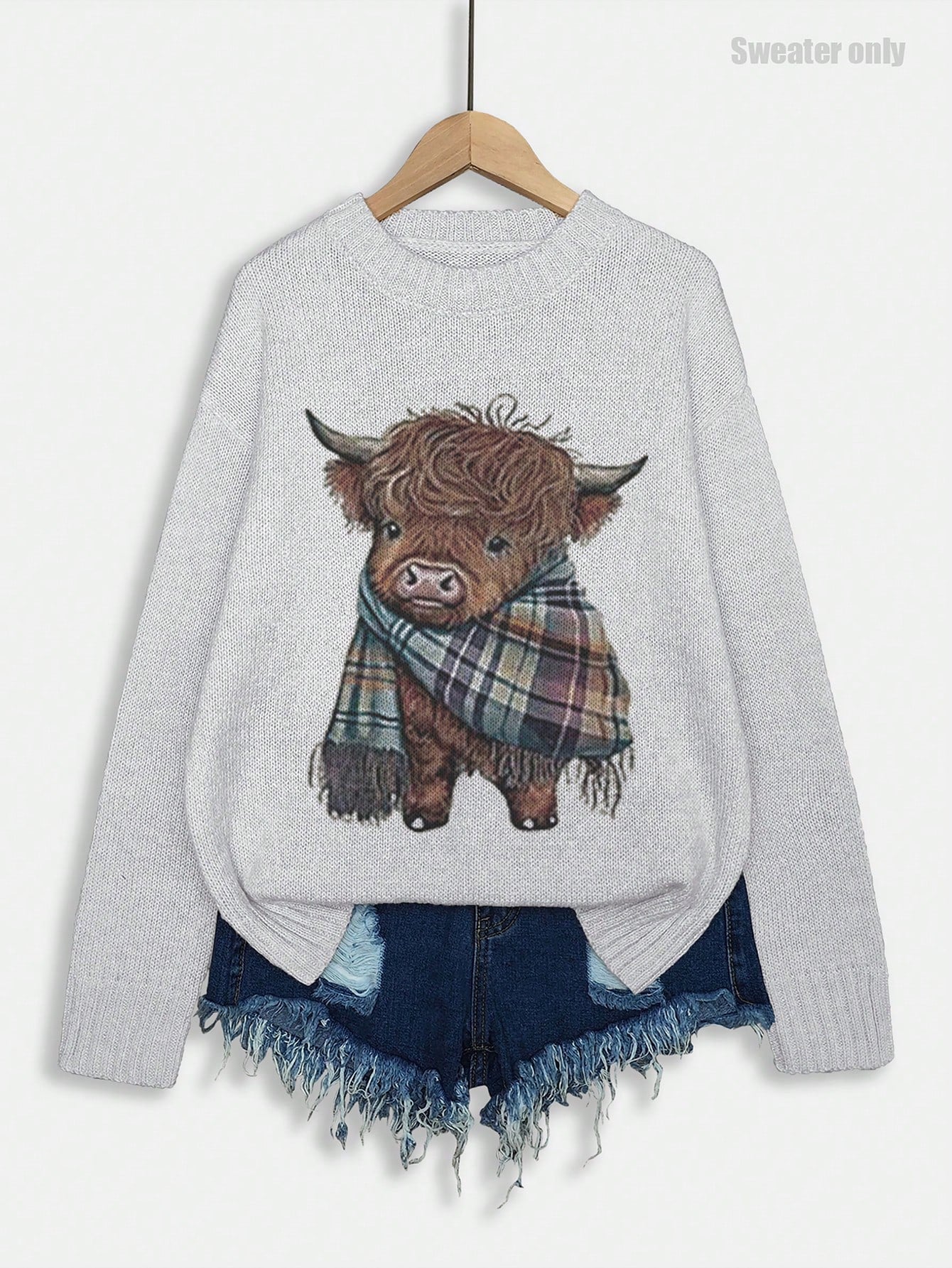 Women's Cartoon Cow Print Round Neck Sweater, Casual Long Sleeve Crew Neck Jumper For Fall & Winter, Fashion Women's Knitwear For Daily Wear, Tops
