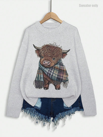 Women's Cartoon Cow Print Round Neck Sweater, Casual Long Sleeve Crew Neck Jumper For Fall & Winter, Fashion Women's Knitwear For Daily Wear, Tops
