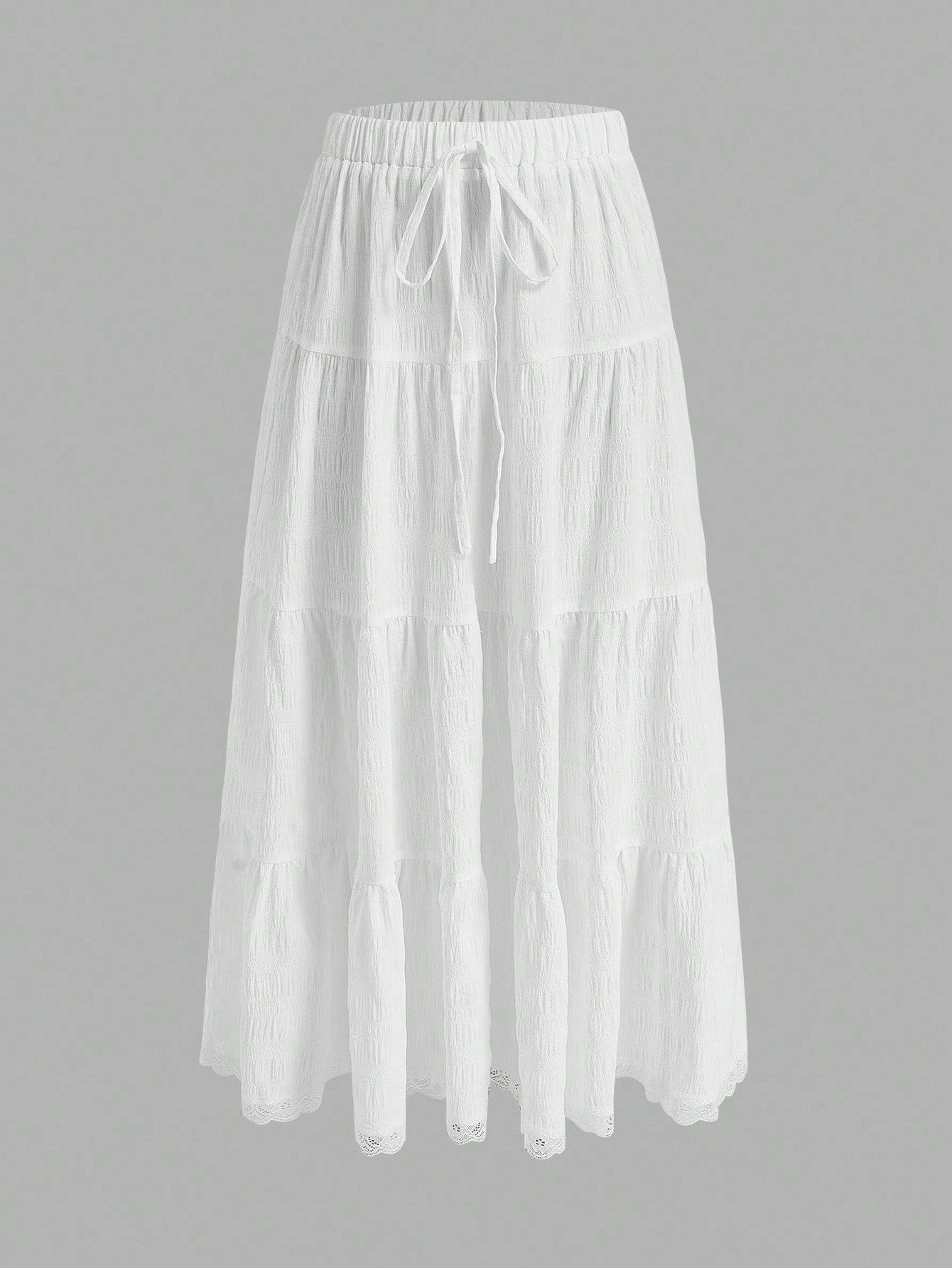 EZwear Women Solid Color High Waist Tie Ruffled Hem Maxi Skirt