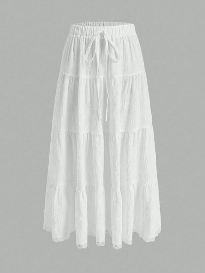 EZwear Women Solid Color High Waist Tie Ruffled Hem Maxi Skirt