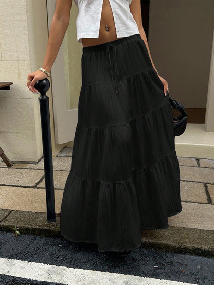 EZwear Women Solid Color High Waist Tie Ruffled Hem Maxi Skirt