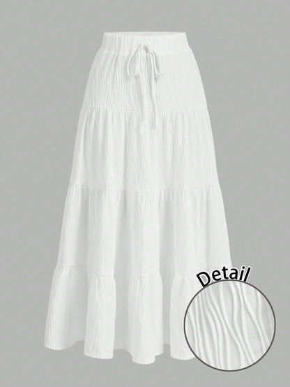 EZwear Women Solid Color High Waist Tie Ruffled Hem Maxi Skirt