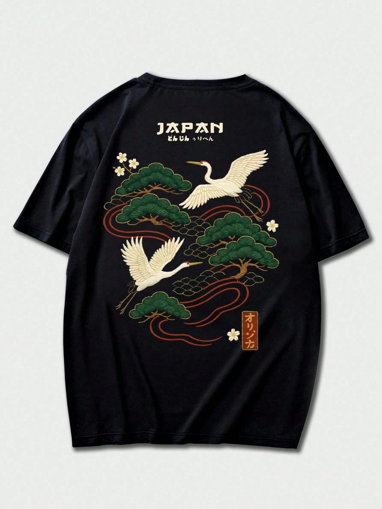 Men's Casual Versatile Simple Japanese Crane Print Short Sleeve T-Shirt