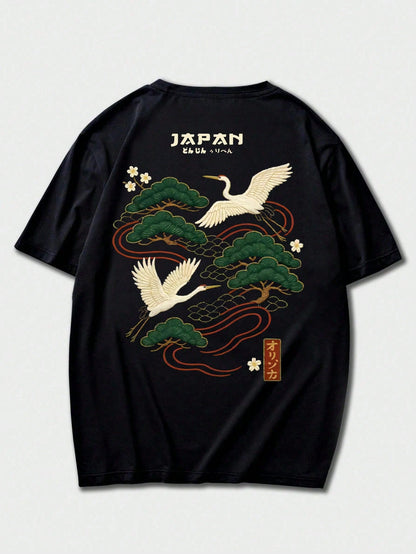 Men's Casual Versatile Simple Japanese Crane Print Short Sleeve T-Shirt