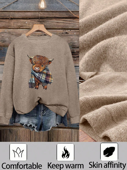 Women's Casual Warm Faux Wool Cow Print Sweatshirt, Warm Pullover, Printed Sweatshirt, Merry Christmas, Christmas Themed Clothing, Christmas Gift, Chinese New Year, Lunar New Year, Year Of The Horse, Spring Festival, Happy New Year, Valentine's Day, Valen
