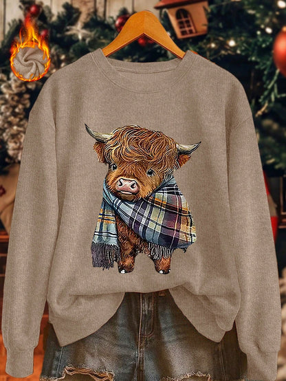 Women's Casual Warm Faux Wool Cow Print Sweatshirt, Warm Pullover, Printed Sweatshirt, Merry Christmas, Christmas Themed Clothing, Christmas Gift, Chinese New Year, Lunar New Year, Year Of The Horse, Spring Festival, Happy New Year, Valentine's Day, Valen