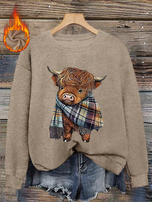 Women's Casual Warm Faux Wool Cow Print Sweatshirt, Warm Pullover, Printed Sweatshirt, Merry Christmas, Christmas Themed Clothing, Christmas Gift, Chinese New Year, Lunar New Year, Year Of The Horse, Spring Festival, Happy New Year, Valentine's Day, Valen