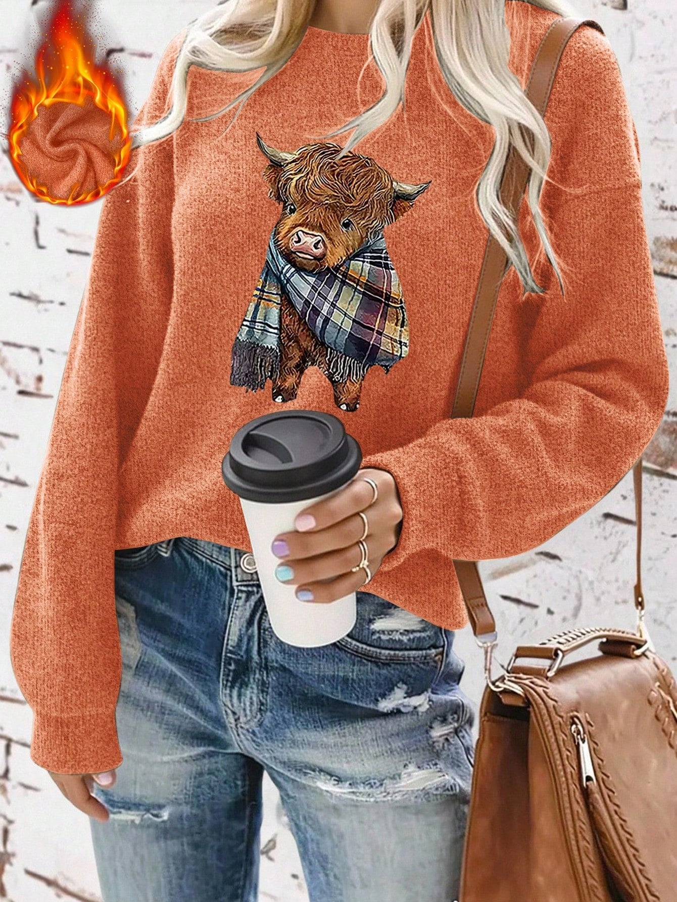 Women's Casual Warm Faux Wool Cow Print Sweatshirt, Warm Pullover, Printed Sweatshirt, Merry Christmas, Christmas Themed Clothing, Christmas Gift, Chinese New Year, Lunar New Year, Year Of The Horse, Spring Festival, Happy New Year, Valentine's Day, Valen
