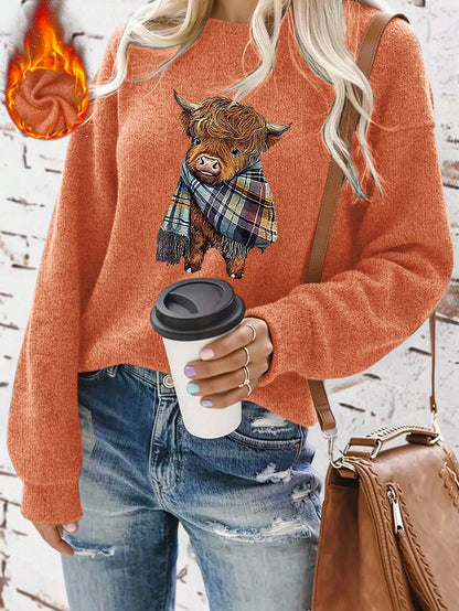 Women's Casual Warm Faux Wool Cow Print Sweatshirt, Warm Pullover, Printed Sweatshirt, Merry Christmas, Christmas Themed Clothing, Christmas Gift, Chinese New Year, Lunar New Year, Year Of The Horse, Spring Festival, Happy New Year, Valentine's Day, Valen