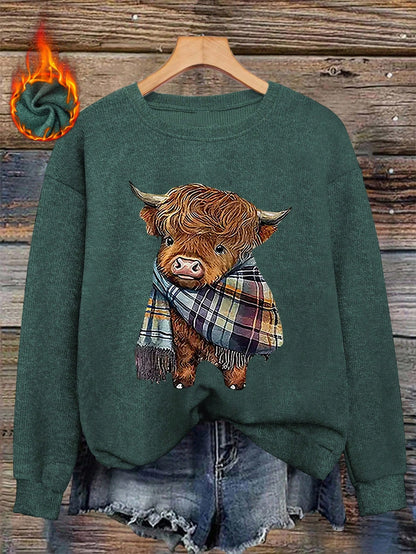 Women's Casual Warm Faux Wool Cow Print Sweatshirt, Warm Pullover, Printed Sweatshirt, Merry Christmas, Christmas Themed Clothing, Christmas Gift, Chinese New Year, Lunar New Year, Year Of The Horse, Spring Festival, Happy New Year, Valentine's Day, Valen