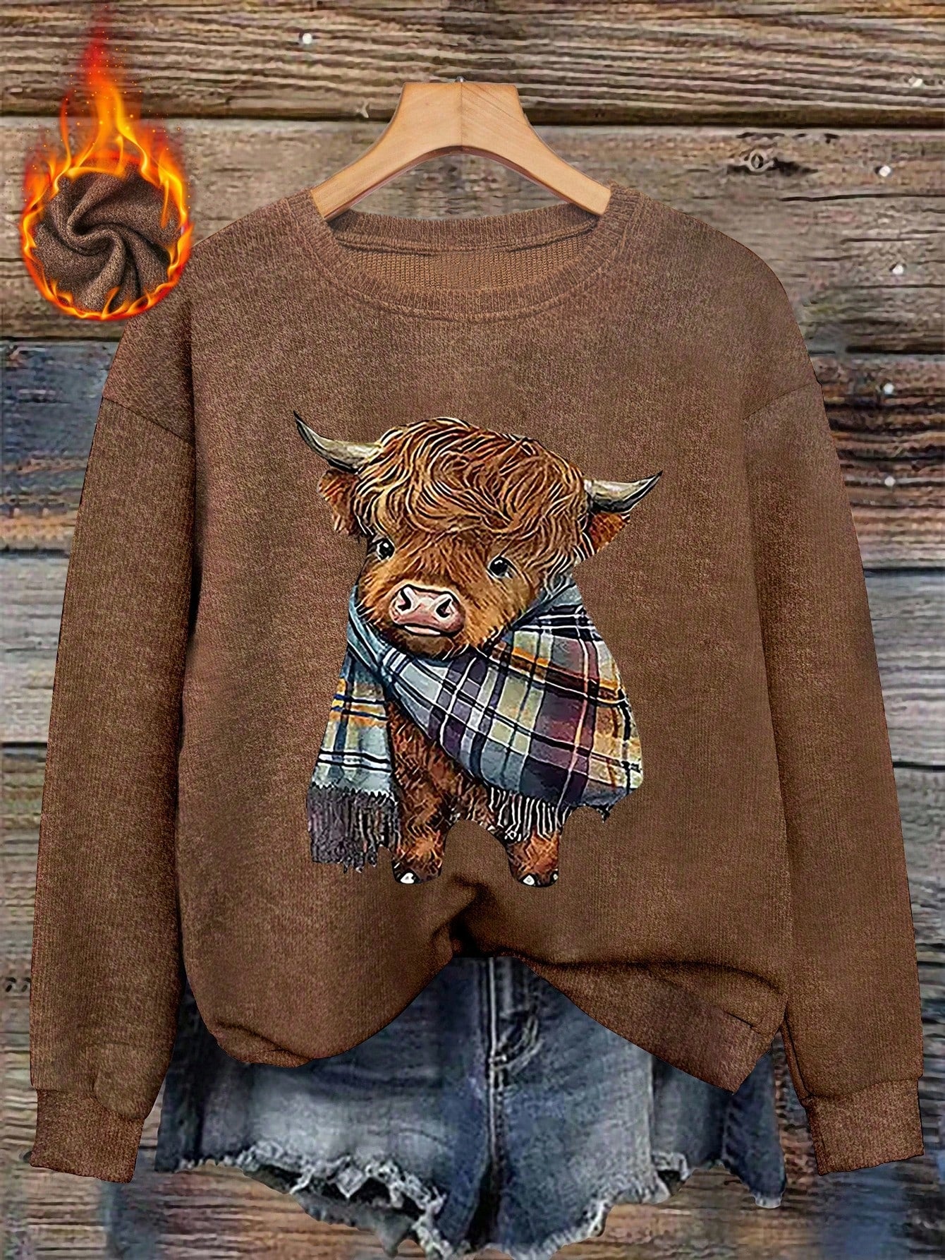 Women's Casual Warm Faux Wool Cow Print Sweatshirt, Warm Pullover, Printed Sweatshirt, Merry Christmas, Christmas Themed Clothing, Christmas Gift, Chinese New Year, Lunar New Year, Year Of The Horse, Spring Festival, Happy New Year, Valentine's Day, Valen