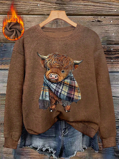 Women's Casual Warm Faux Wool Cow Print Sweatshirt, Warm Pullover, Printed Sweatshirt, Merry Christmas, Christmas Themed Clothing, Christmas Gift, Chinese New Year, Lunar New Year, Year Of The Horse, Spring Festival, Happy New Year, Valentine's Day, Valen
