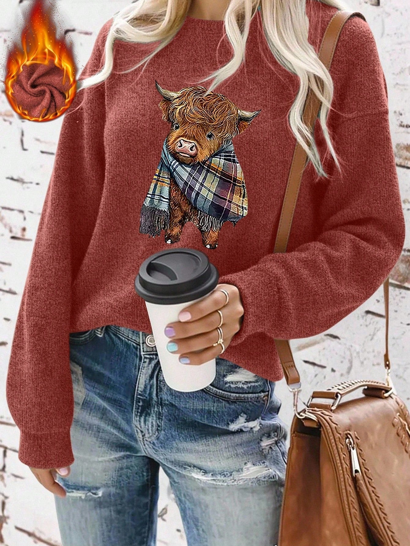 Women's Casual Warm Faux Wool Cow Print Sweatshirt, Warm Pullover, Printed Sweatshirt, Merry Christmas, Christmas Themed Clothing, Christmas Gift, Chinese New Year, Lunar New Year, Year Of The Horse, Spring Festival, Happy New Year, Valentine's Day, Valen
