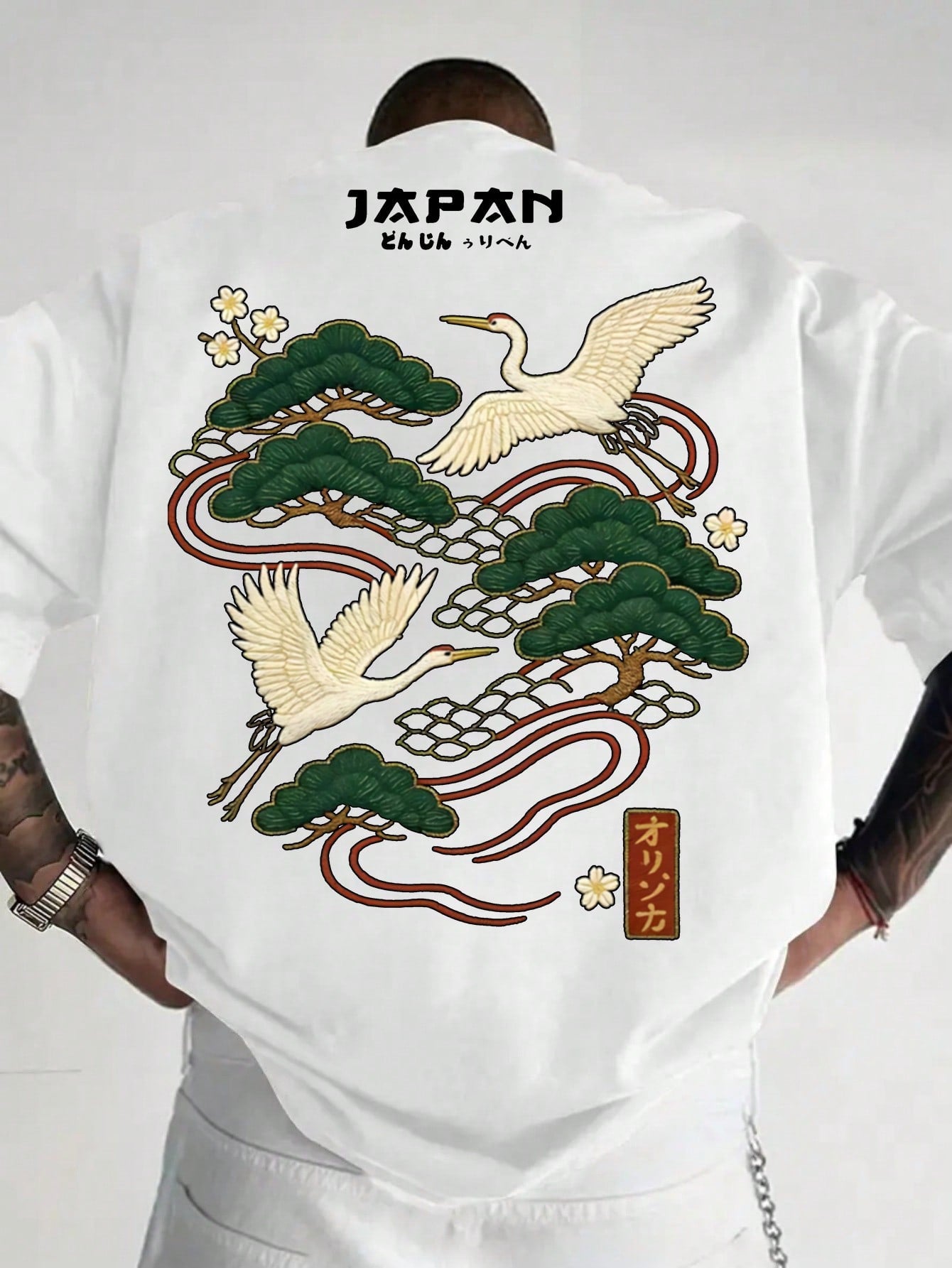 Men's Casual Versatile Simple Japanese Crane Print Short Sleeve T-Shirt