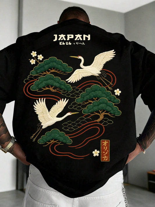 Men's Casual Versatile Simple Japanese Crane Print Short Sleeve T-Shirt