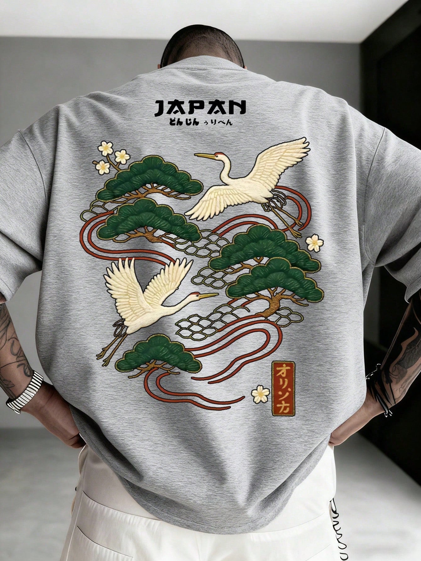 Men's Casual Versatile Simple Japanese Crane Print Short Sleeve T-Shirt