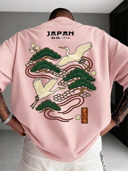 Men's Casual Versatile Simple Japanese Crane Print Short Sleeve T-Shirt