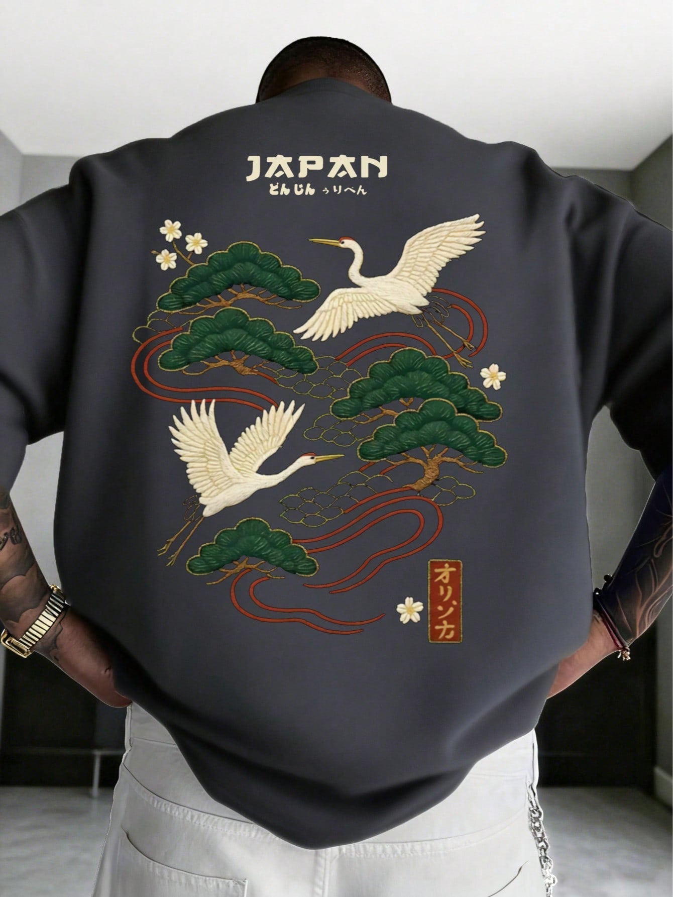 Men's Casual Versatile Simple Japanese Crane Print Short Sleeve T-Shirt