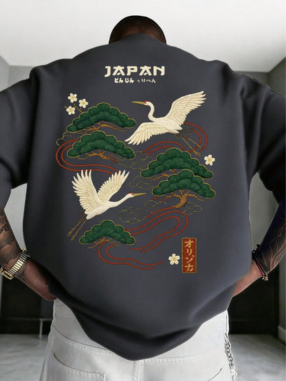 Men's Casual Versatile Simple Japanese Crane Print Short Sleeve T-Shirt