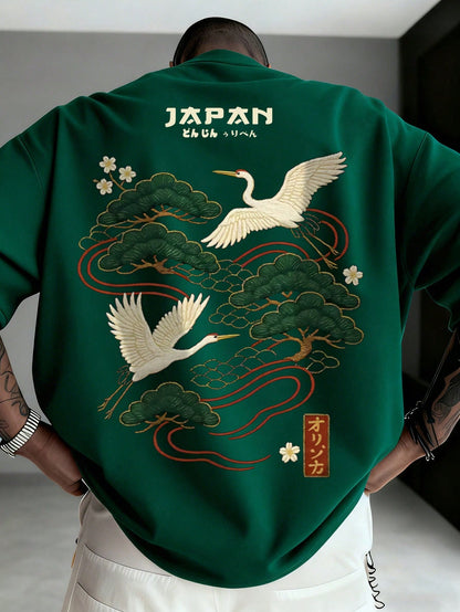Men's Casual Versatile Simple Japanese Crane Print Short Sleeve T-Shirt