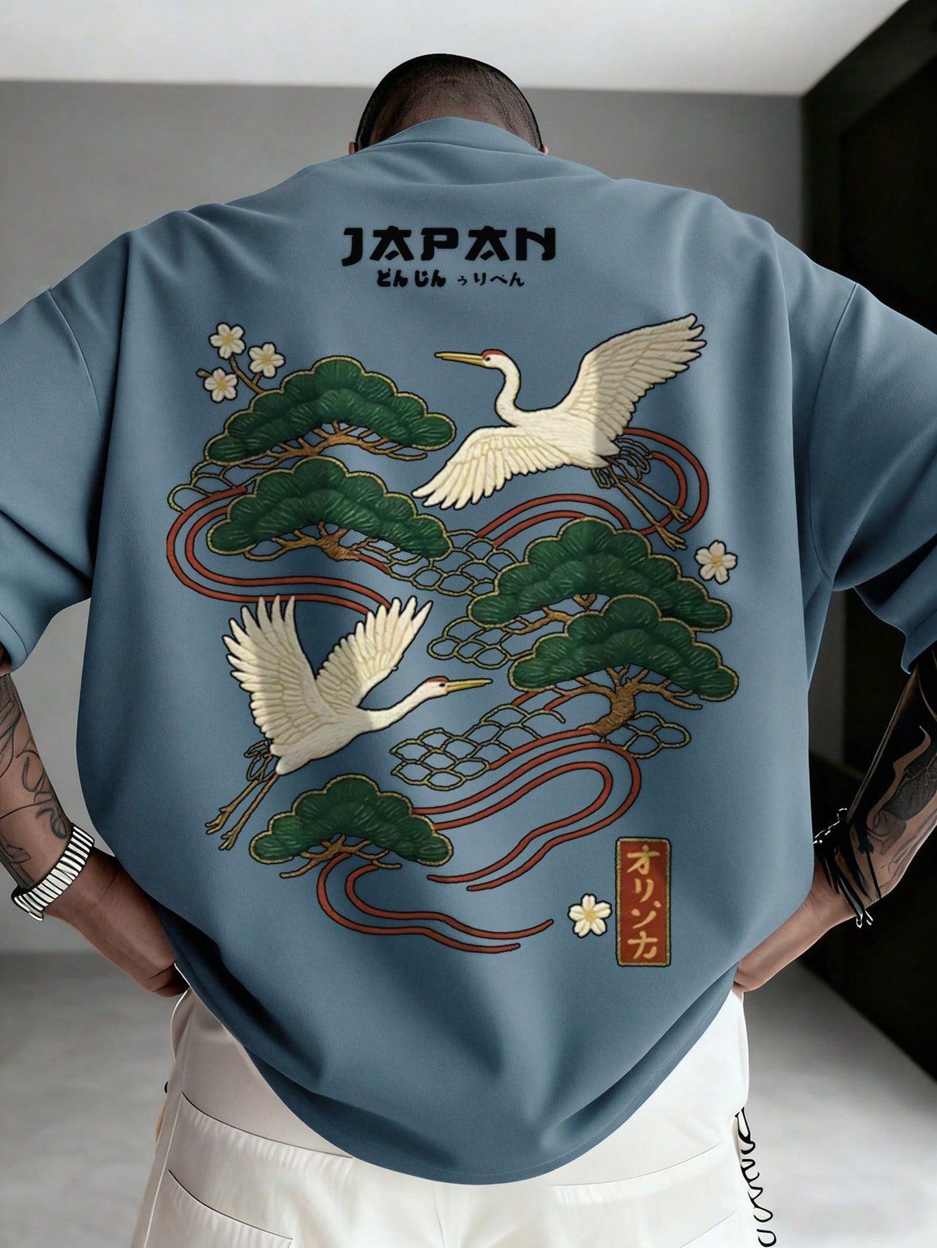 Men's Casual Versatile Simple Japanese Crane Print Short Sleeve T-Shirt