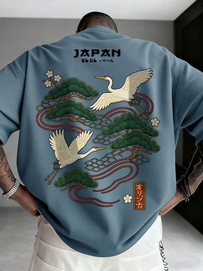 Men's Casual Versatile Simple Japanese Crane Print Short Sleeve T-Shirt